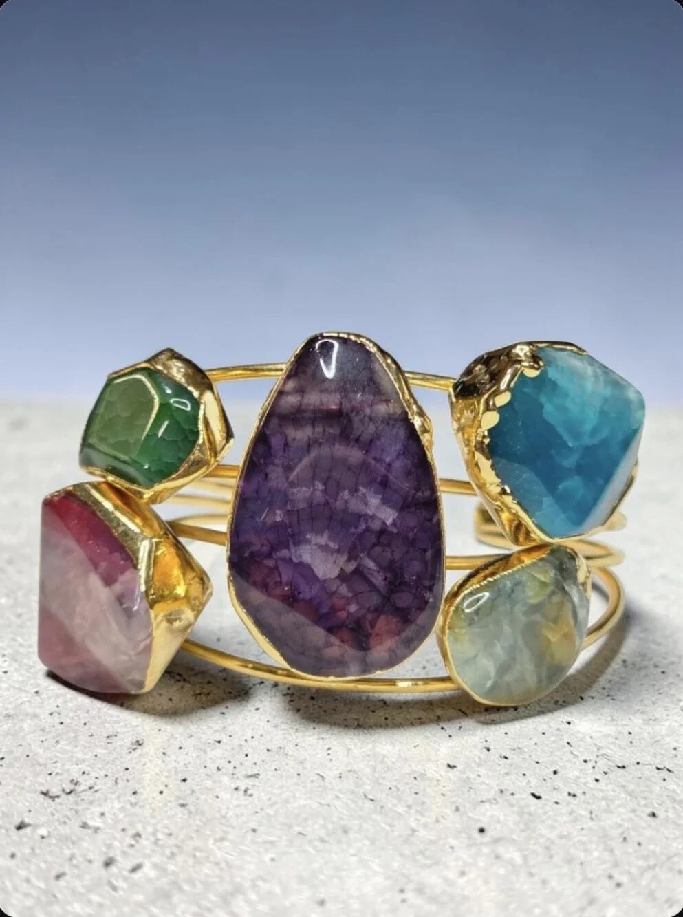 18k Gold Plated Chunky Artisan Agate Natural Stone Multi Color Cuff Bracelet